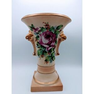 Vintage DeLuxe Inc USA Hand Painted Floral Roses Flared Trumpet Vase